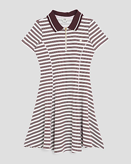Girls Red Rib Striped Zip Polo Dress