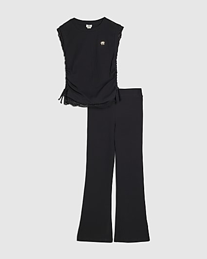 Girls Black Ruched Ribbed Leggings Set
