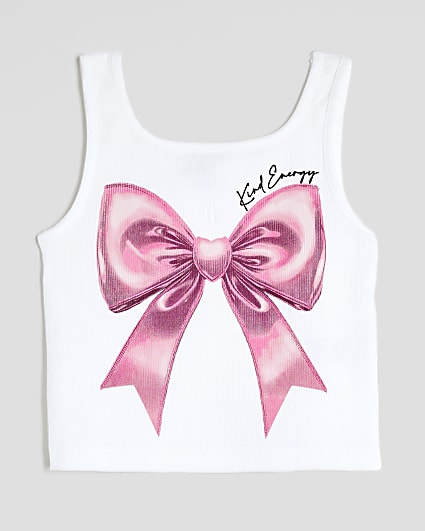 Girls White Pink Bow Tank Top