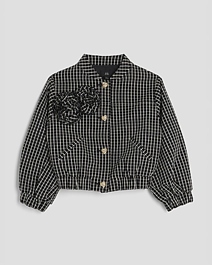Girls Black Check Bomber Jacket