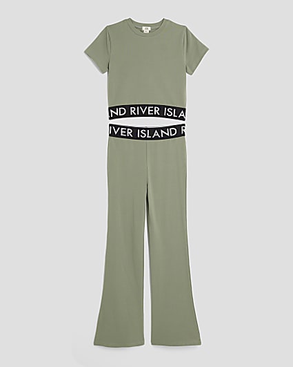 Girls Khaki T-shirt And Flared Leggings Set