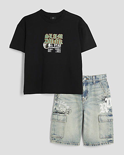 Boys Black Baller Denim Shorts Set