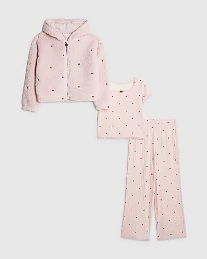 Girls Pink Heart Hoodie Pyjamas 3 Piece Set