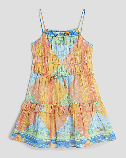 Orange Scarf Print Tiered Mini Dress