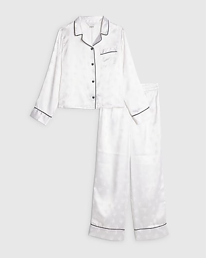 Girls White Heart Jacquard Satin Pyjamas