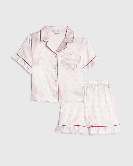 Girls Pink Satin Heart Shorts Pyjamas Set