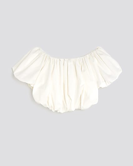 Girls White Bardot Bubble Hem Crop Top