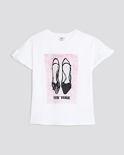 Girls White Pink Shoe Frill T-Shirt