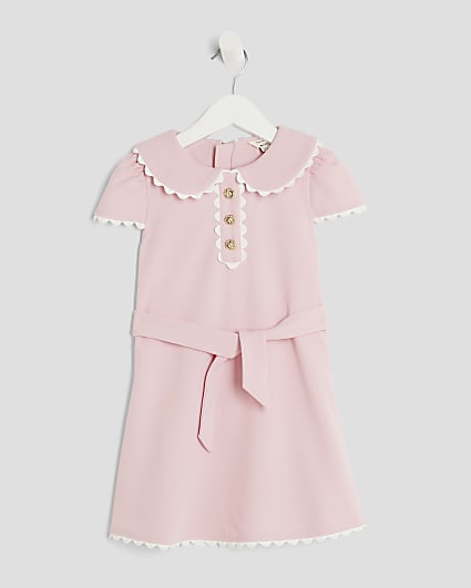 Mini Girls Pink Collared Scuba Dress