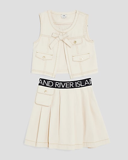 Girls Cream Gilet And Skirt Set