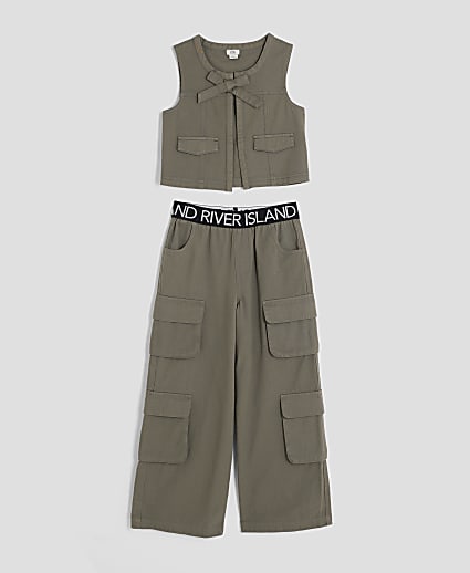 Girls Khaki RI Waistband Cargo Trousers Set