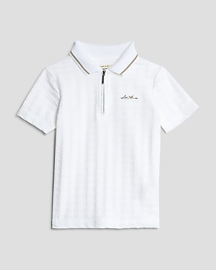 Mini Boys White Dogtooth Texture Polo Shirt