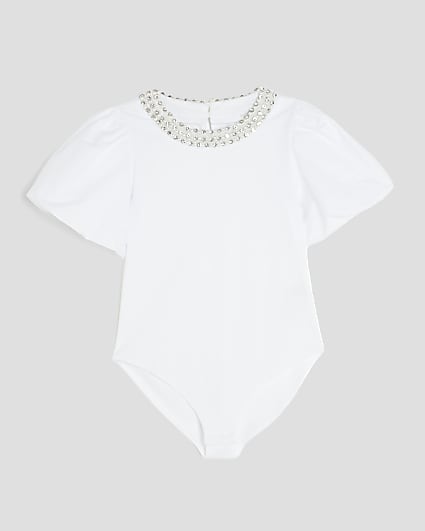 Girls White Embellished Collar Bodysuit