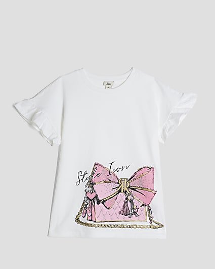 Girls White Bag Print T-Shirt