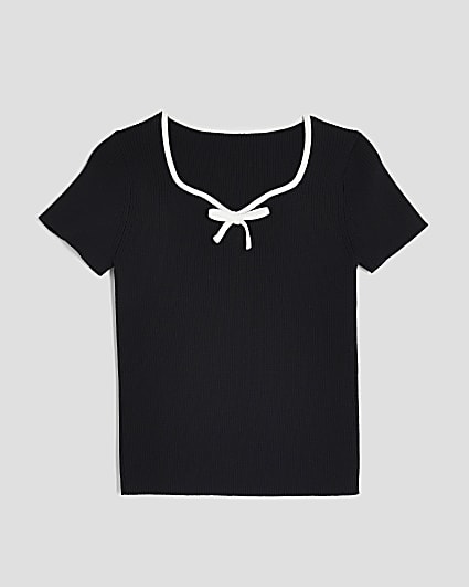 Girls Black Knit Sweetheart Bow Top