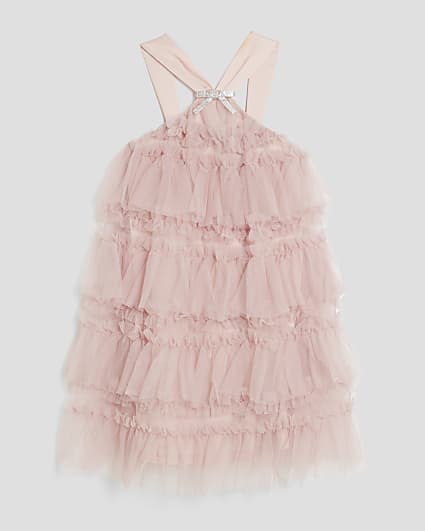 Girls Pink Tulle Layered Halter Neck Dress