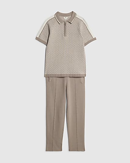 Boys Beige Geometric Print Polo Shirt Set
