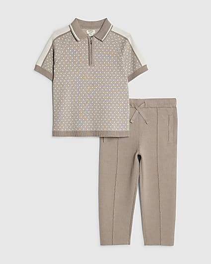 Mini Boys Beige Geometric Polo Shirt Set