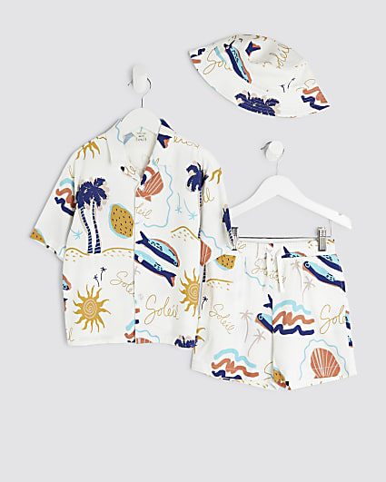 Mini Boys White Beach Print 3 Piece Set
