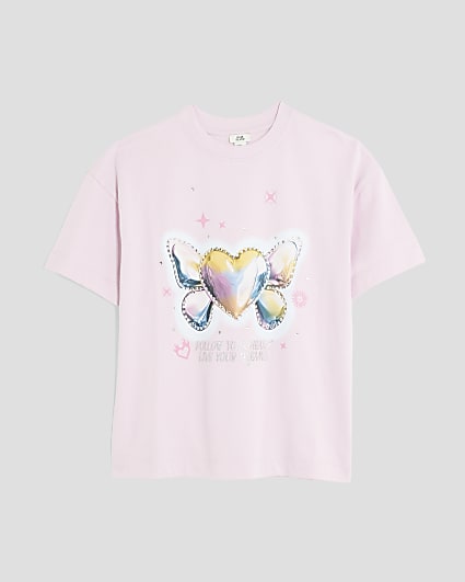 Girls Pink Embellished Chrome Heart T-Shirt