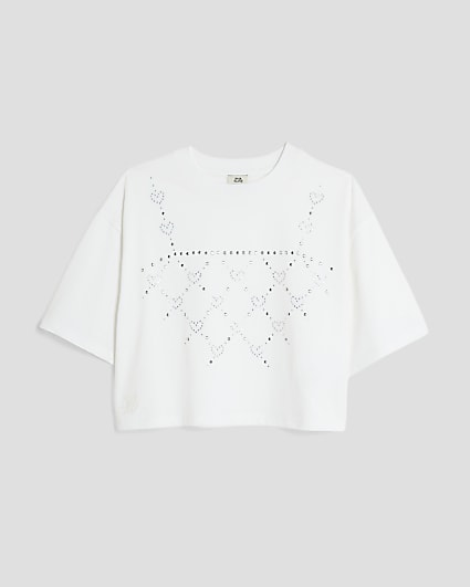 Girls White Diamante Heart Vest T-Shirt
