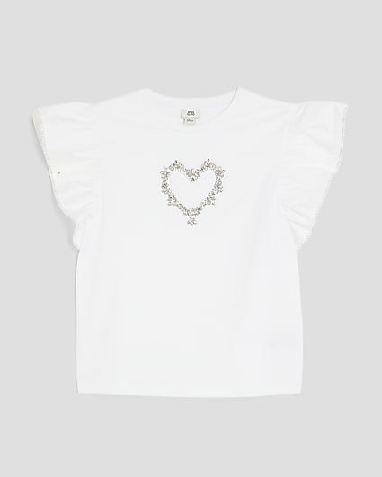 Girls White Heart Frill Sleeve T-Shirt