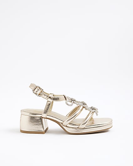 Girls Gold Triple Bow Heeled Sandals