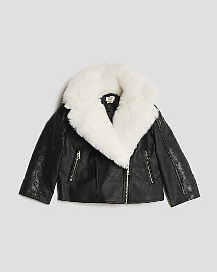 Mini Girls Faux Fur Collar Biker Jacket