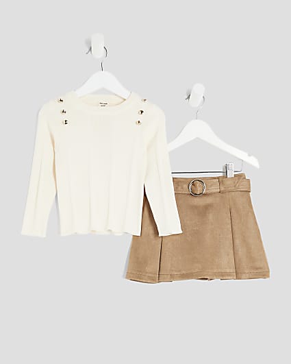 Mini Girls Cream Button Suede Skort Set