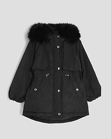 Girls Black Faux Fur Hood Coat