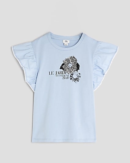 Girls Blue Frill Sleeve Embellished T-Shirt
