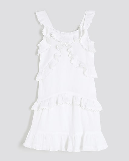 Girls White Tiered Lace Trim Frill Dress