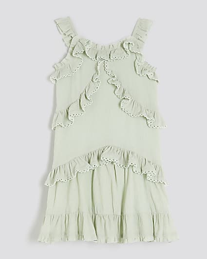 Girls Green Tiered Lace Trim Frill Dress