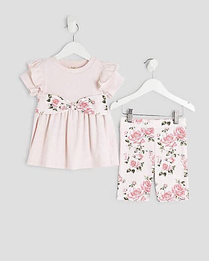 Mini Girls Pink Floral Bow Ribbed Top Set