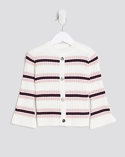 Mini Girls Cream Knitted Striped Cardigan