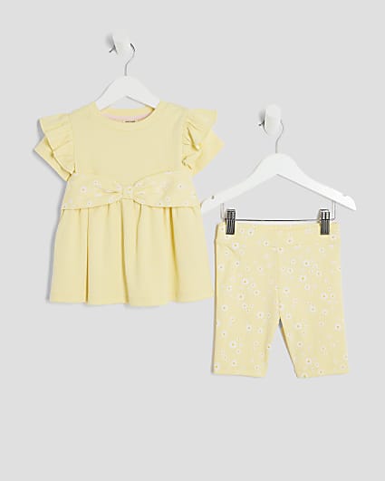 Mini Girls Yellow Daisy Bow Ribbed Top Set