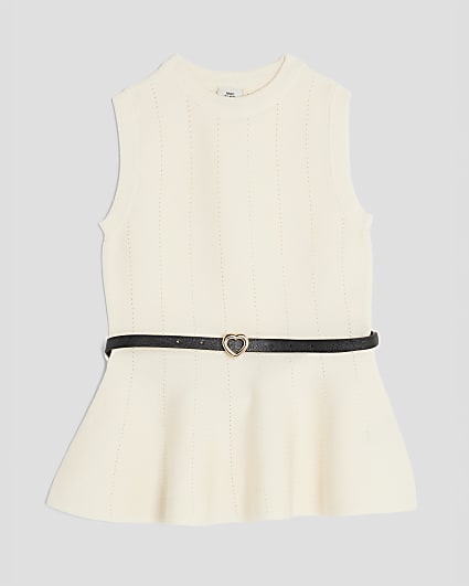 Girls Cream Belted Peplum Top