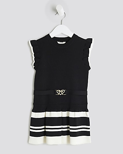 Mini Girls Black Belted Ruffle Hem Dress