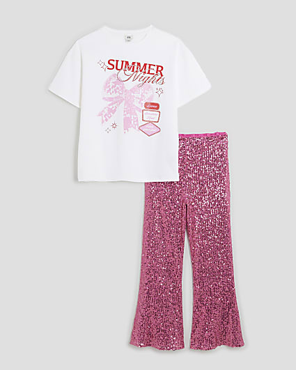 Girls Pink Sequin Flared Trousers Set