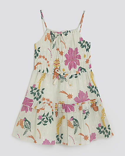 Girls White Floral Stripe Mini Dress