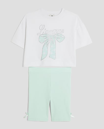 Girls Blue Gingham Bow T-Shirt Set