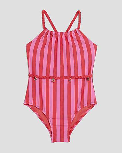 Girls Pink Stripe Charm Belt Swimsuit