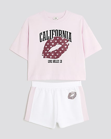 Girls Pink California Lips Crop Top Set