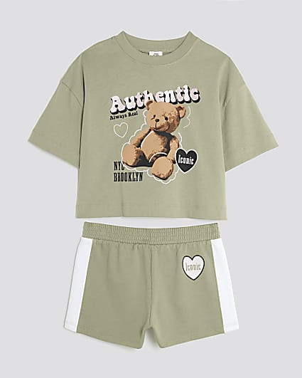 Girls Khaki Crop Top And Runner Shorts Set