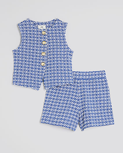 Girls Blue Geometric Button Through Set