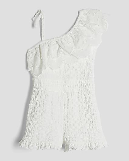 Girls White Broderie Textured Playsuit