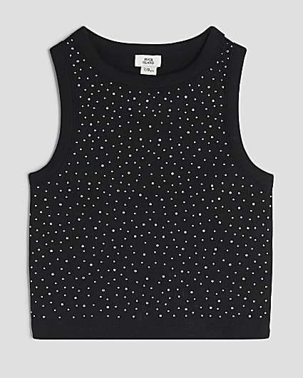 Girls Black Diamante Tank Top
