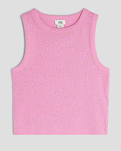 Girls Pink Diamante Tank Top
