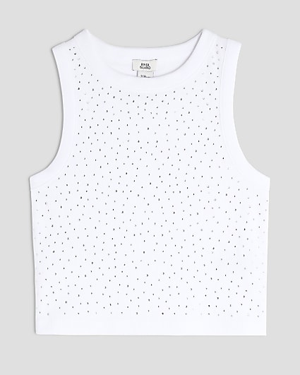 Girls White Diamante Tank Top