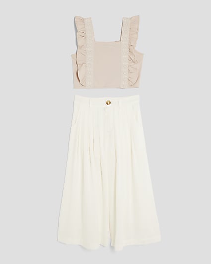 Girls Beige Frill Pleated Trousers Set